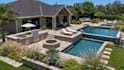 design pool landscape and backyard with outdoor kitchen, BBQ, firepit 3d render