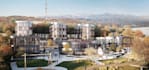 3d sustainable public space render, urban development, parametric facade design