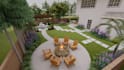 do backyard landscape design with pool, patio, garden and 3d rendering