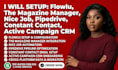 setup flowlu, the magazine manager, nice job, pipedive, constant contact, active