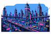 create a cyberpunk sci fi futuristic city illustration