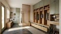 create 3d interior mudroom layouts, custom storage and wood partitions