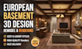3d render european basement interior design remodel