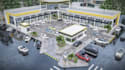 visualize commercial building, retail store front design, parking layout render