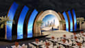 luxury 3d gala stage render, backdrop design,corperate event decor,banquet setup