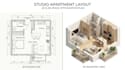 plan 2d 3d small studio apartment layout, open plan layout, space optimization