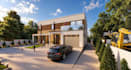 provide 3d house design,balustrade balcony render,paved driveway,accent lighting