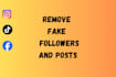 manually unfollow accounts, remove fake followers and posts