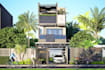 revamp 3d modern townhouse elevation design,  rooftop pergola, balcony rendering
