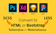 convert psd to html, png to html, scss, less, bootstrap
