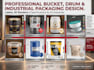 design paint bucket, drum sticker packaging, 3d mockups