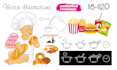 draw food, drinks and any illustrations a cooking theme