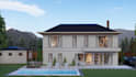 do cozy backyard design, pool, garden in 3d render