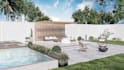 design exterior landscape, garden, backyard, patio terrace, BBQ and pool