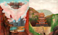 design  story telling scenes with landscapes as  2d arts