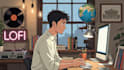 create an authentic lofi girl loop, cartoon loop animation or gif animation