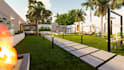backyard landscape, patio, pool, outdoor kitchen and 3d render