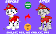 do embroidery digitizing, 3d puff, flat, convert to pes, dst, jef, in 1hr