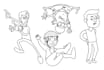 draw black and white funny cartoon line art