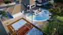 do building exterior, 3d, realistic render, pool render, pickleball court