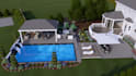 design landscape, backyard, pool, garden, deck, and patio
