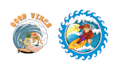 design mascot cartoon logo with coconut beach tree surfing