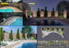 create a landscape design, front yard, backyard, flower bed, pool, park, street