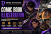 create comic book illustration, manga pages, graphic novel art, character design