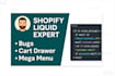 fix shopify bugs, custom liquid sections, cart drawer and mega menu