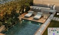 design landscape, backyard, pool, garden, deck, and patio