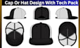 design hat, cap tech pack with 3d mockup and flat sketch
