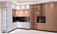 design modern kitchen, cabinets, pantry, and bathroom with 3d rendering