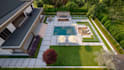 design a modern backyard landscape with pool, patio and garden