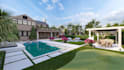 design a modern backyard landscape with pool, patio and garden