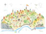 custom watercolor map illustration with landmarks, wedding
