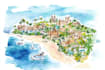 custom watercolor map illustration with landmarks, wedding