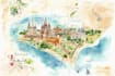 custom watercolor map illustration with landmarks, wedding