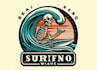 create hand drawn summer skeleton surfing wave logo