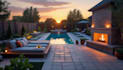 do backyard landscape design, garden, fireplace, pool, deck and patio design