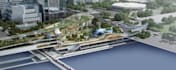 redesign 3d commercial complex,urban park,retail store rendering,rooftop garden