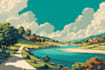 make vintage retro poster, vector art deco, landscape illustration