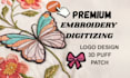 do complex embroidery digitizing, logo design, 3d puff,patch,file to emb,dst,jef