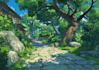do character illustration, background in anime art style