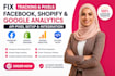 fix facebook tracking pixels, shopify page tracking, google analytics, API pixel