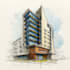 sketch architecture building with watercolor rendering