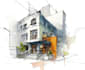 sketch architecture building with watercolor rendering