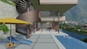 modernize 3d hillside resort, residential villa, 3d bird eye view, garden design
