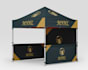 create tent setup including banners table cover and backdrop