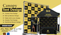 create tent setup including banners table cover and backdrop