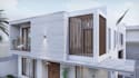 remodel contemporary cantilevered apartment backyard landscape, facade rendering